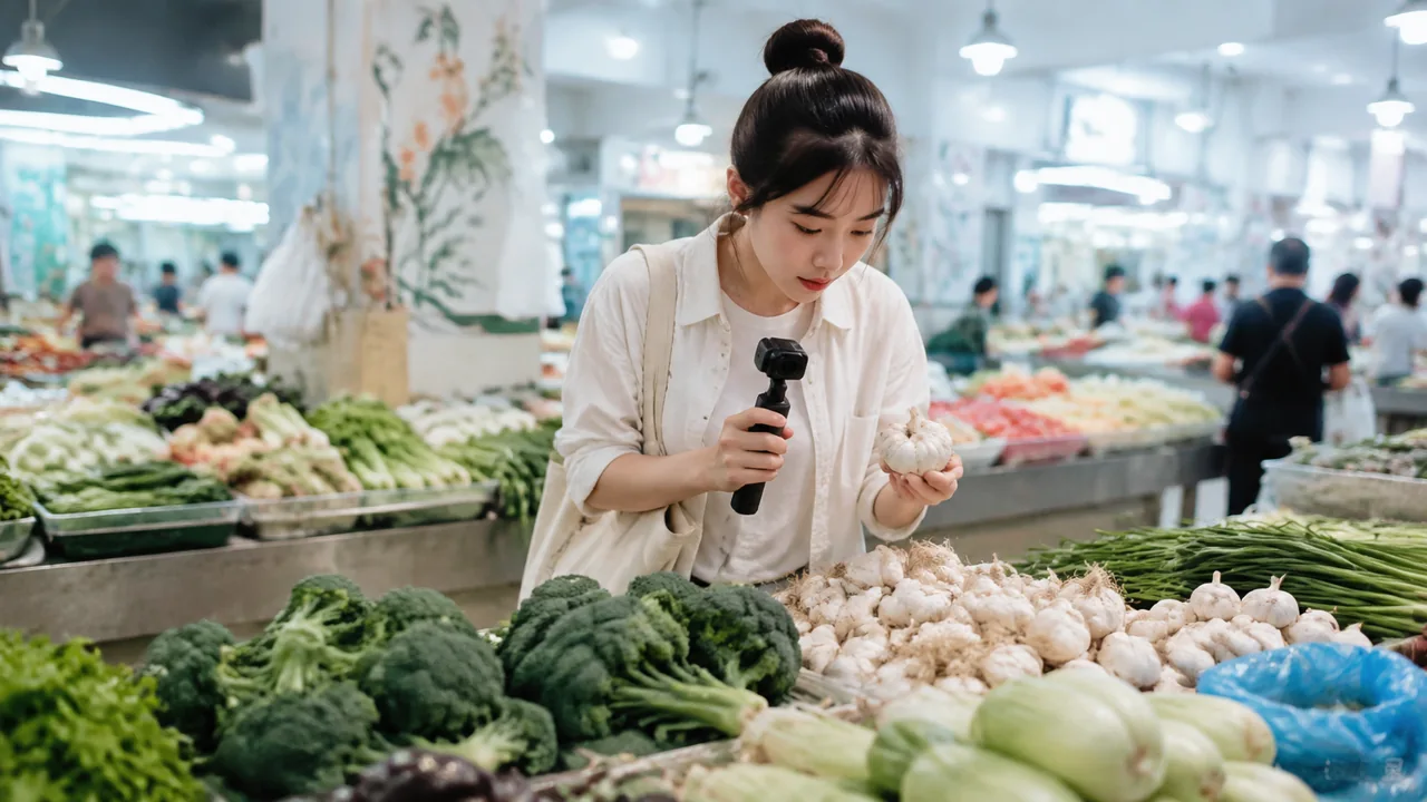 蔬菜摊前拍摄食材的创作者